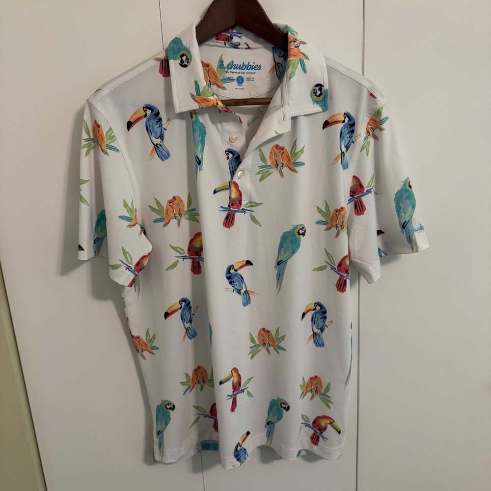 Chubbies Mens Tropical Bird Toucan Parrot Performance Polo Shirt White Small
